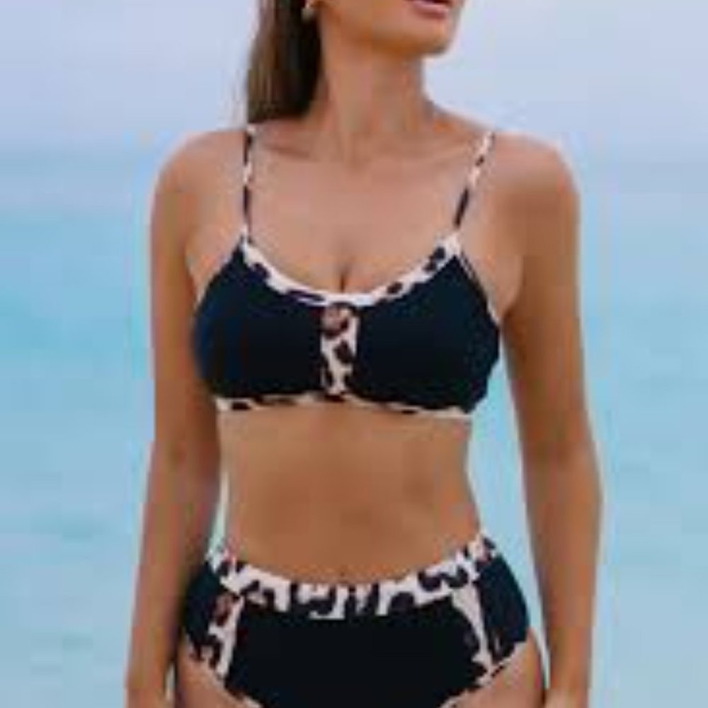Black 2 piece swimsuit with animal print trim and button accents - XL